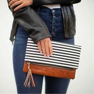 FUNKY MONKEY Classic Black & White Stripe Tassel Fold Over Clutch Handbag Purse